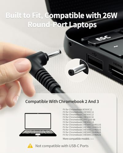 Superer Charger Fit for Samsung Chromebook Laptop, Chromebook 3 2 (UL Listed AC Adapter), XE500C13,PA-1250-98,303C 500C 503C XE303C12 XE501C13 XE500C12 XE503C12 XE503C32, 26W 12V 2.2A Round Connector - Thumbnail 4