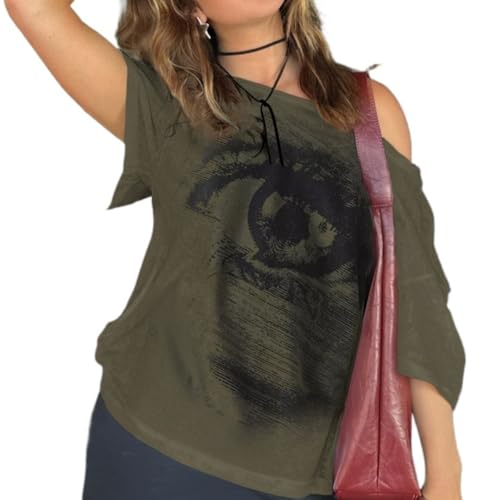 Image of Hesaco Off The Shoulder Cute Shirts for Women Oversized Tshirt Y2k Graphic Tee Lips Print Baggy Shirts Vintage Tops, Green, L
