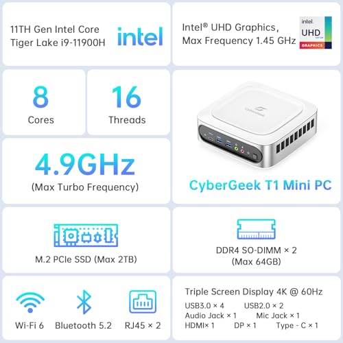 Image of CyberGeek Mini Computers 11th Gen Core i9-11900H(8C /16T, Up to 4.9GHz), Mini PC 16GB RAM 1TB PCIe SSD, Small Desktop with DP /HD /Type-C, 6 USB Ports, Dual LAN, Wi-Fi 6, BT5.2 for Home Office Gaming PC