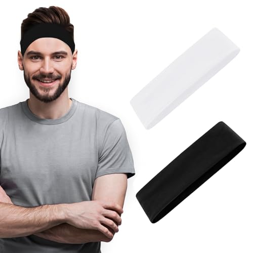 SUPGOD 2 Stück Stirnband Herren Haarband Herren Schweißband Stirn Stirnband Sport, für Laufen, Joggen, Tennis, Fußball, Radfahren(Weiß, Schwarz)