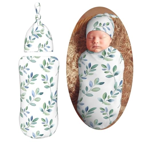 Image of Watercolor Sage Green Blue Leaf Swaddle Blanket with Beanie Hat Set Newborn Swaddle Wrap Soft Baby Receiving Blankets Baby Swaddle Blanket for Baby Boys and Girls