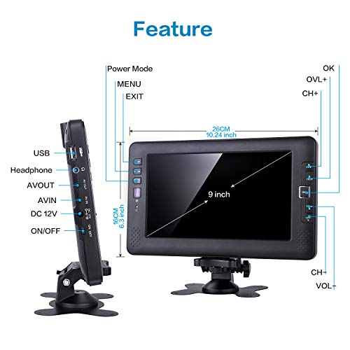 Portable tv 9.5" inch Digital ATSC+NTSC for AV in -USB Slot-Reader/and Rechargeable Battery (Playtime 2.5 Hours) Black