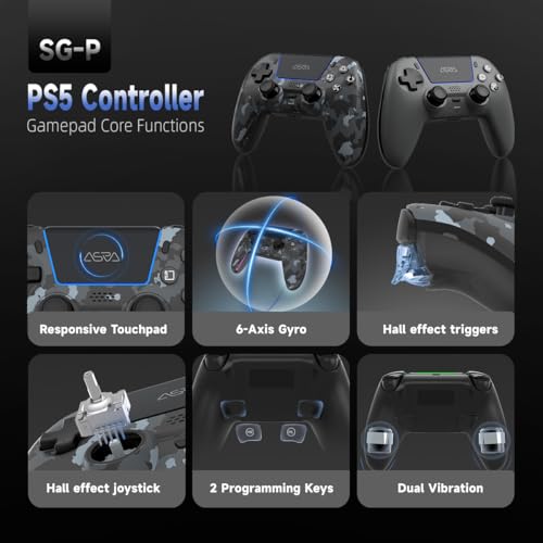 Image of ASRVA Gray Camouflage Wireless Gaming Controller for PS5 / PC /Steam & Mobile, Hall Effect Joystick & Triggers, 6-Axis Gyro, 1000mAh Battery, Programmable Back Buttons
