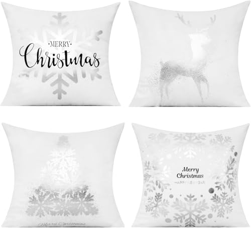 All Smiles Christmas Pillow Covers 16x16 White Silver Cushion Cover Couch