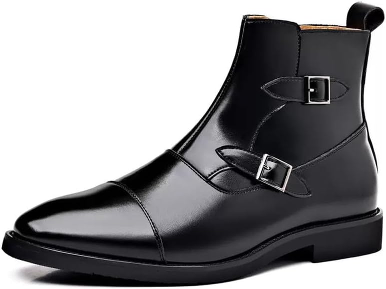 Men's Cap-Toe Ankle Boots with Double Monk Strap, Genuine Leather Dress Boots for Formal & Casual Wear, Comfortable Lining and Non-Slip Rubber Sole