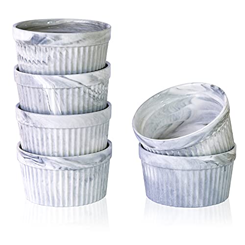 Yundu 8 Ounce Grey Marble Ceramic Ramekins - Perfect for Creme Brulee Oven Safe Baking Bowls - Set of 6