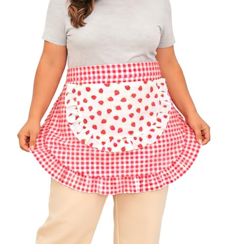 Love Potato Half Apron with Large Front Pocket - Vintage Floral Print Adjustable Waist Aprons for Women (Red Gingham)