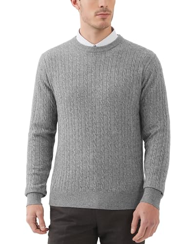 Kallspin Men's Cable Knit Crewneck Sweater Pullovers Wool Blend Relax Fit Knitwear (Light Grey, X-Large)