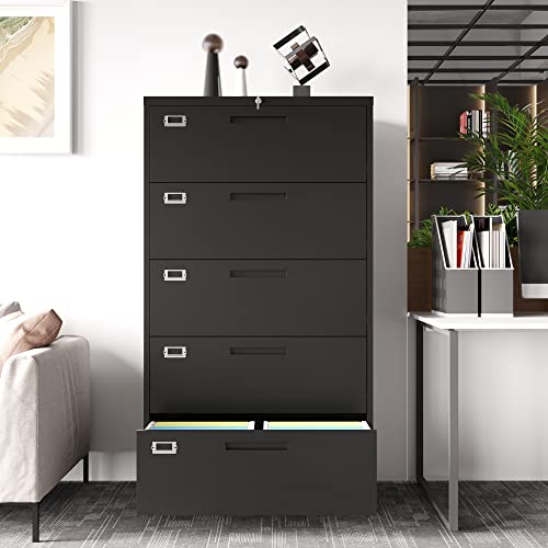 Stani 5 Drawer File Cabinet With Lock, 5 Drawer Metal Filing Cabinet, Lateral Filing Cabinet With Lock For Home Office, Lockable Storage Cabinet For Hanging Files Letter/Legal/F4/A4 Size (Black) #TOP3