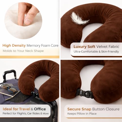 Image of cozyland Memory Foam Travel Neck Pillow |Ultra Soft Velvet Fabric|Ergonomically Designed for Ultimate Comfort for Air, Car, Train, Bus Travel- Coffee, Standard Size