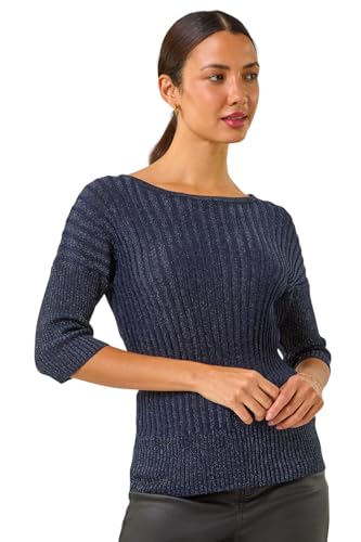 Image of Roman Shimmer Ribbed Batwing Knit Jumper for Women UK - Ladies Autumn Everyday Winter Holiday Slash Neckline Comfy 3/4 Sleeve Soft Metallic Fabric Top Office Desk Sweaters - Midnight Blue - Size 14