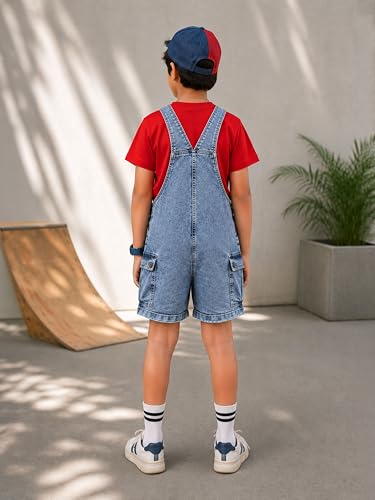 Image of KiddoPanti Unisex Denim Cargo Dungaree Shorts | 69.1% Cotton 29% Spun Poly 1.9% Spandex | Above Knee Length | Soft Breathable Summer Dungaree
