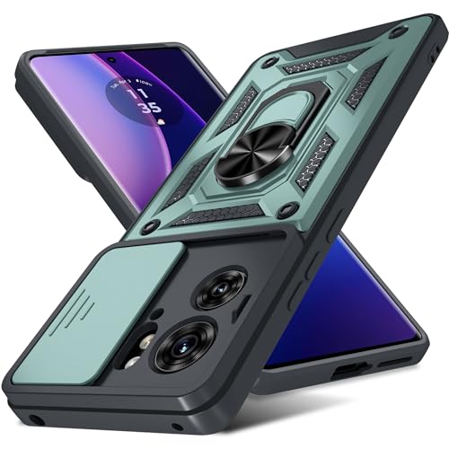 Janmitta Compatible with Moto Edge 2023 Case Built in Slide Camera Lens Cover+Finger Ring Holder Kickstand,Heavy Duty Shockproof Full Body Phone Cover,Dark Green