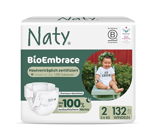 Naty BioEmbrace Baby Windeln für Neugeborene | Zertifiziert hautfreundlich | Bis zu 100% Auslaufschutz | Pflanzenbasiert & weicher Premium-Komfort | Chlorfrei | Größe 2 (3–6 kg), 132 Stück
