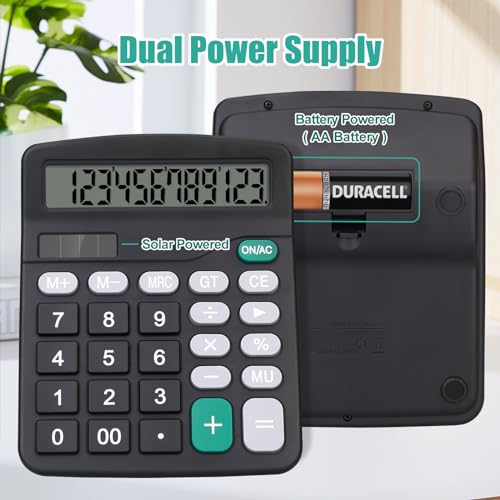 Large Button Desktop Calculator with 12-Digit Display, Solar & Battery Power - Ideal for Office, Home, School, & Business (Black)