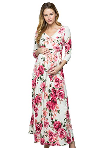 Image of Women's Maternity Dress Maxi Long Length with Belt for Baby Shower, Photoshoot (Cream Flower, S)