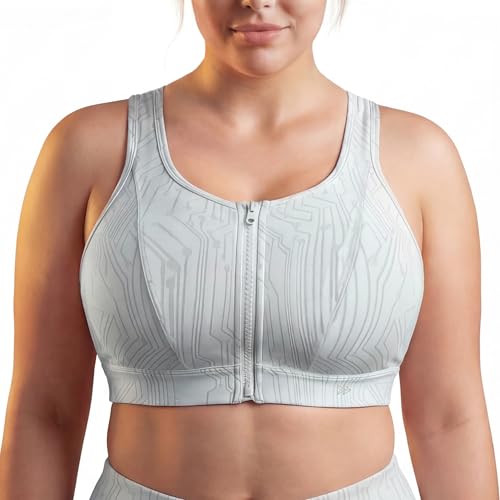 Yvette Front Zipper Sports Bras for Women High Impact Support for Large Breasts Supportive Running Sports Bra Sewn-in Pads,Grey,42A 42B 42C
