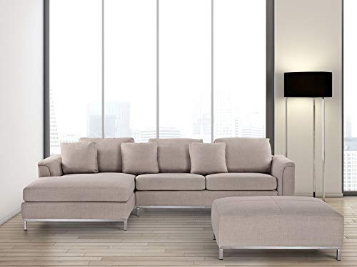 Beliani Canapé Angle à Droite en Tissu Beige et Pouf Ottoman Housses Amovibles Oslo