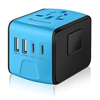 SAUNORCH Travel Adapter Worldwide, Universal International Power Plug Adapter W/2.4A 2xUSB-A and 3.0A 2xType-C Wall Charger, European Travel Plug Adapter for Europe UK EU US CA AU Italy Asia-Blue