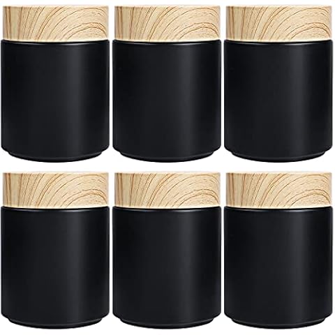 Furnido 6 Pack 8 oz Black Round Glass Jars,Empty Glass Cosmetic Containers with Plastic Wood Grain Lid,Inner Liners for Lotion,Powders,Ointments,Storage Creams,Candle Making Cover