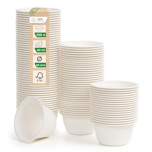 Love Nature Dipschalen Set 60 ml - Dip Schälchen Einweg 100 Stück - Dip Schalen aus Zuckerrohr für Saucen - Saucenschälchen Biologisch Abbaubar