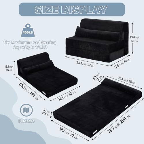 Image of Tiita Convertible Folding Sofa Bed Mattress with Pillow & Side Pocket, Plush Fabric Floor Mattress Couch Bed, Washable Cover, Twin Size, Black