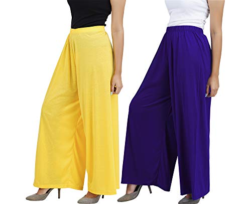 Image of Buy That Trendz M to 4XL Cotton Viscose Loose Fit Women M to 6XL Flared Wide Leg Palazzo Pants for Yellow Purple 2 of Pack Combo X-Large