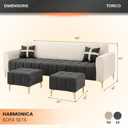 Image of Melody 3 Seater Modular L Shape Sofa Set with 2 Ottoman | Soft Velvet Upholstery, Sturdy Wooden Frame | Modern Sofa for Living Room, Hall & Office Spaces (Cream-Dark Grey)