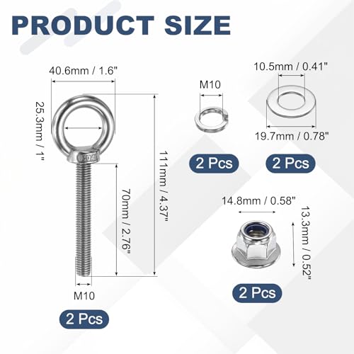 Image of PATIKIL M10 x 70mm Shoulder Eye Bolt, 2 Pcs 304 Stainless Steel Lifting Ring Threaded Eye Bolt with Flange Lock Nuts Spring and Flat Washers for Hanging Tie Down Straps Outdoor Indoor