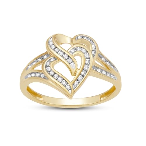 Jewelili Sterling Silver or Yellow Gold over Sterling Silver Double Heart Promise Ring for Women | 1/8 CTTW Natural White Round Diamonds | Luxury Jewelry Gift for Her | Gift Box Included