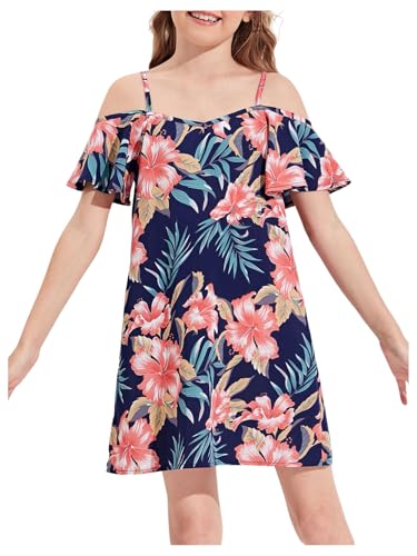 Milumia Girl's Tropical Print Cold Shoulder Dress Ruffle Short Sleeve Boho Short Dresses