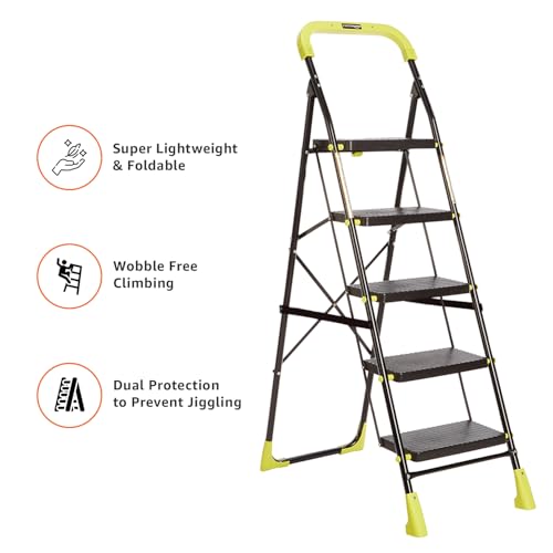 Image of Amazon Basics Dynamo - Foldable Step Ladder, Safety Clutch Lock, Anti Slip Steps, Knee Guard, Anti Skid PVC Shoes, 5 Steps (Steel, Black & Lime Green)