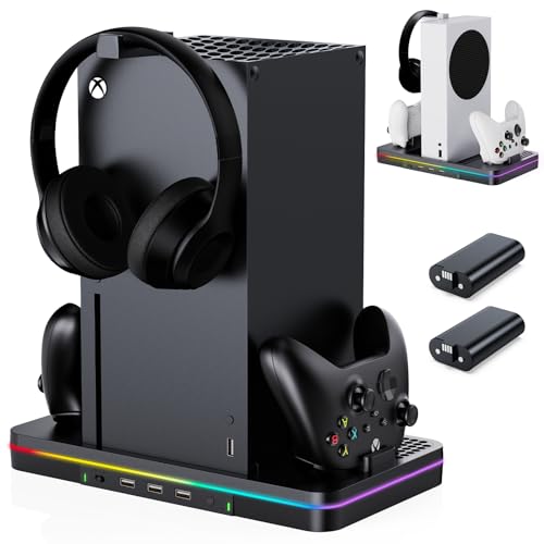 Cooling Fan Charging Stand for Xbox Series X/S Console, Vertical Dual Controller Charger Station Accessories with 2 X 1100mAh Rechargeable Battery, Fast Charging Station with 3 USB Ports&Headset Stand