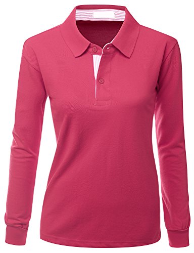 Xpril Womens Casual Basic Sporty Long Sleeve Polo Collar T-Shirt Pink Size XL