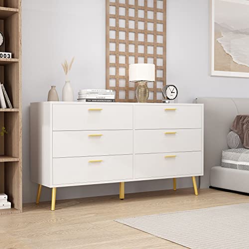 Didugo Chest Of Drawers 6 Drawer Dresser, Modern Contemporary Dresser 6 Drawer Chest With Metal Legs, White Dresser For Bedroom (54”W X 15.6”D X 30.1”H) #TOP16