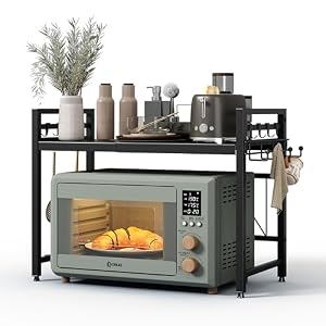 NETEL Verstelbaar magnetronrek met 2 niveaus, rek over magnetron, keukenrek staand voor werkblad, bakkerrek, keukenrek met bekerhouder, zwart, uittrekbaar 40-64 cm