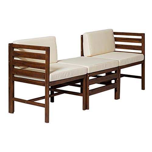 Walker Edison Ravello Contemporary 3 Piece Acacia Wood Outdoor Modular Chat Set with Cushions, Set of 3, Dark Brown