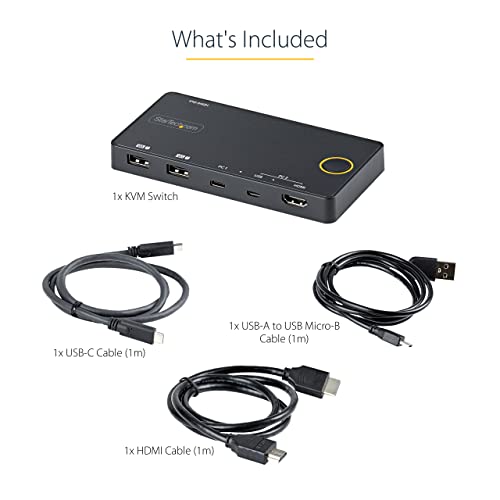 Image of StarTech.com 2 Port Hybrid USB-A + HDMI & USB-C KVM Switch - Single 4K 60Hz HDMI 2.0 Monitor - Compact Desktop and /or Laptop HDMI KVM Switch - USB Bus Powered - Thunderbolt 3 Compatible, TAA