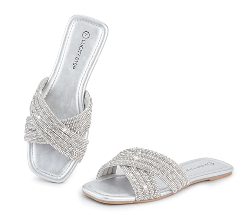 LUCKY STEP Women's Rhinestone Flat Sandals Open Toe Summer Glitter Bling Sparkle Dressy Slip on Outdoor Crossed Strap Slide