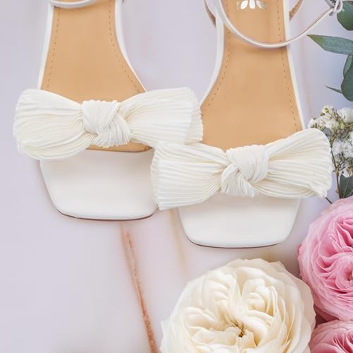 Huntarry Women's Bow Knot Heeled Sandals Ankle Buckle Strap Block Chunky Bow Heels with Square Open Toe for Bride Wedding Party Graduation Prom Heels4