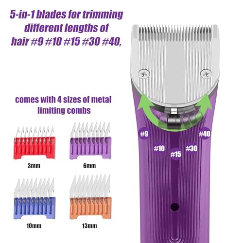 Professional Animal Pet Dog Cat and Horse Cordless Hair Clipper Grooming Kit with 5 in 1 Blade Low Noise & High Power Rechargeable Cordless Pet Grooming Clipper for Thick Heavy Coats -Purple - Thumbnail 2