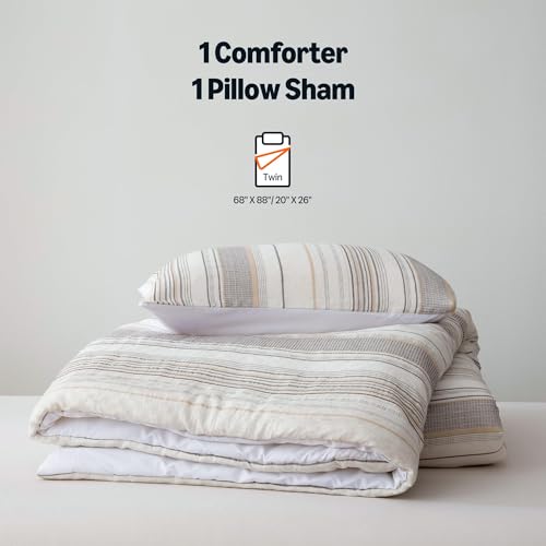 Image of Amazon Basics Comforter Set, 2-Piece Jacquard Comforter and Pillow Sham, All-Season Bedding, Twin, Beige Striped
