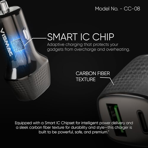 Image of Vismac 48W Fast Car Charger, Dual Port Type-C PD & USB-A QC 3.0, Intelligent Protection, Overheat Safety, Smart Compact Design, Universal Charging for All Devices