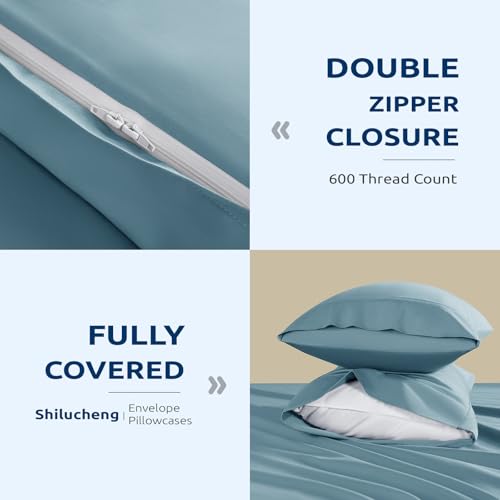 Shilucheng 100% Cotton Queen Size Duvet Covers - 600 Thread Count, Luxury Sateen Weave Egyptian Cotton Comforter Cover with Zipper Closure,Hotel Bedding Duvet Covers 3 Piece (French Blue)
