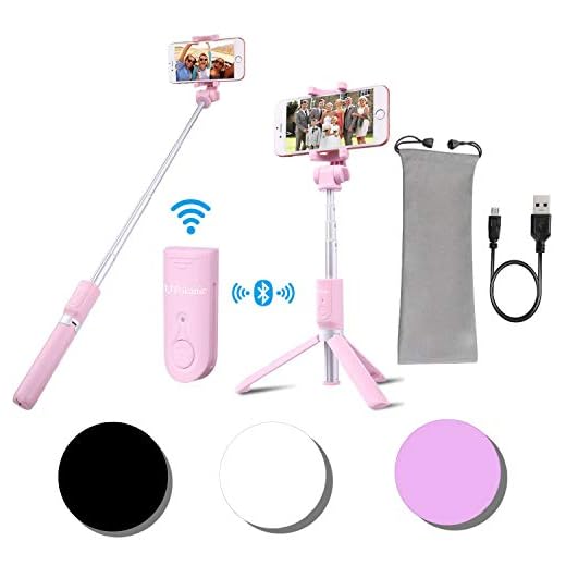 Selfie Stick Tripod POKANIC Bluetooth Wireless Remote Control Extendable Adjustable Stand Mount Compatible with iPhone XS Max/ XS/ XR/ X/ 8/ 8 Plus/ 7/ 7 Plus, Galaxy S10 Plus/ S10/ S10e/ S9/ (Pink)