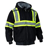 Men's High Visibility Fleece Lined Safety Sweatshirt,High Vis Winter Canvas Work Jacket,Reflective Water Resistant Thermal Construction Hooded Workwear(Black,5XL)