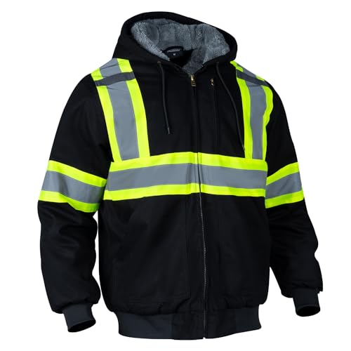 Sicalobo Men's High Visibility Fleece Lined Safety Sweatshirt,High Vis Winter Canvas Work Jacket,Reflective Water Resistant Thermal Construction Hooded Workwear(Black,XL)