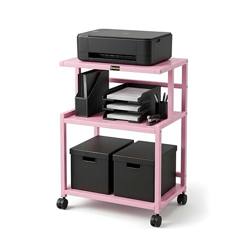 Image of Premium Metal Iron Pink Printer Stand with Wheels - Heavy-Duty & Stylish Storage Solution for Files, and Essentials - Durable, Modern & Perfect for Homes & Offices. (Pink)