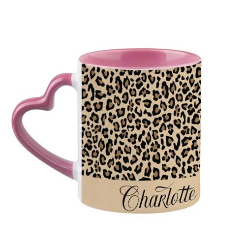 Getagift Personalised Cheetah Print Mug Custom Name, Leopard Print, Animal Print, Heart Handle Coffee, Tea Mug. (Pink)