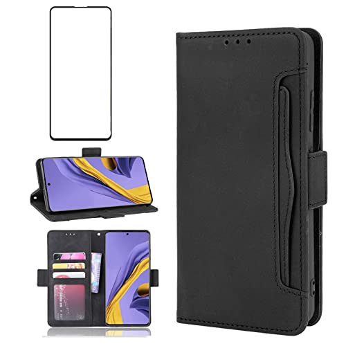 Asuwish Compatible with Samsung Galaxy A71 5G Wallet Case and Tempered Glass Screen Protector with Card Holder Stand Cell Accessories Phone Cover for Glaxay A 71 G5 Gaxaly 71A S71 Women Men Black